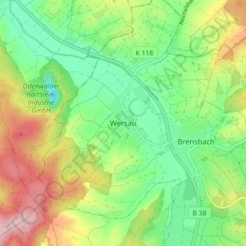 Topografische kaart Wersau, hoogte, reliëf