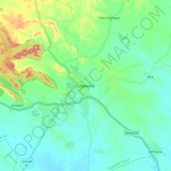 Topografische kaart Sagwara, hoogte, reliëf