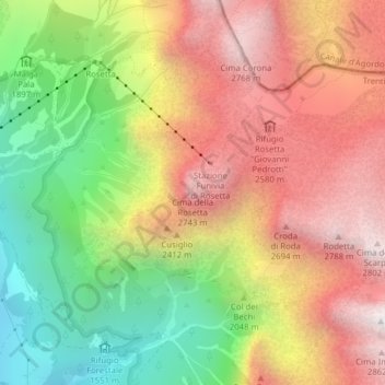 Topografische kaart Cima della Rosetta, hoogte, reliëf