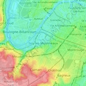 Topografische kaart Issy-les-Moulineaux, hoogte, reliëf