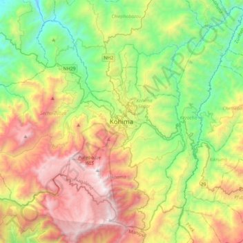 Topografische kaart Kohima, hoogte, reliëf