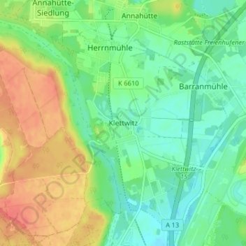 Topografische kaart Klettwitz, hoogte, reliëf
