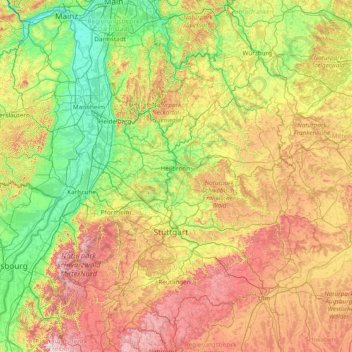 Topografische kaart Neckarbecken, hoogte, reliëf