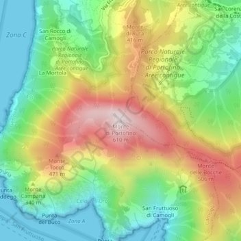 Topografische kaart Monte di Portofino, hoogte, reliëf