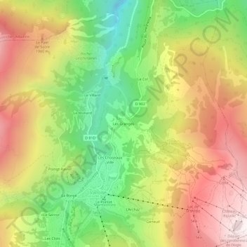 Topografische kaart Les Granges, hoogte, reliëf