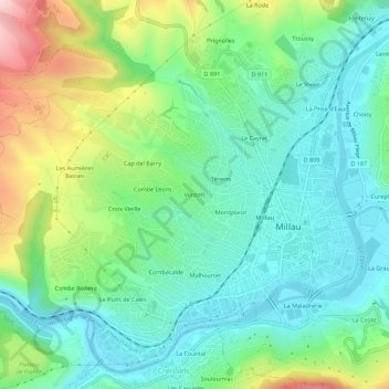 Topografische kaart Viastels, hoogte, reliëf