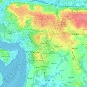 Topografische kaart Keradennec, hoogte, reliëf