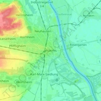 Topografische kaart Worms, hoogte, reliëf