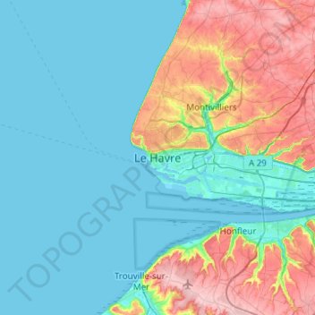 Topografische kaart Le Havre, hoogte, reliëf