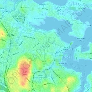 Topografische kaart Quincy Point, hoogte, reliëf
