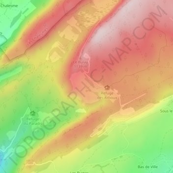 Topografische kaart Les Arboux, hoogte, reliëf