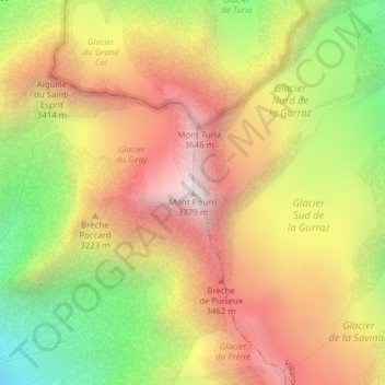 Topografische kaart Mont Pourri, hoogte, reliëf