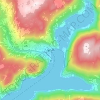 Topografische kaart Sogndal, hoogte, reliëf
