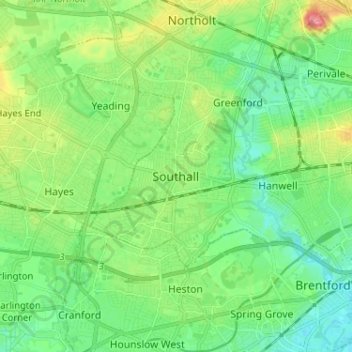 Topografische kaart Southall, hoogte, reliëf