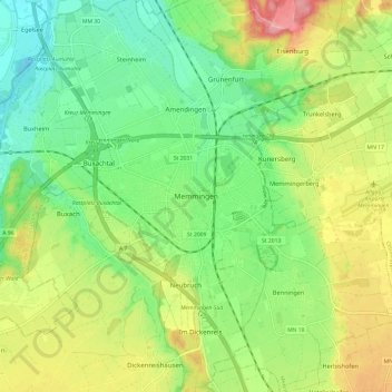 Topografische kaart Memmingen, hoogte, reliëf