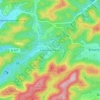 Topografische kaart Lauterschwan, hoogte, reliëf