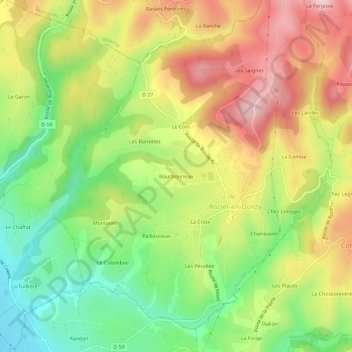 Topografische kaart Bourbonneau, hoogte, reliëf
