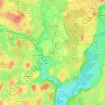 Topografische kaart Haslach, hoogte, reliëf