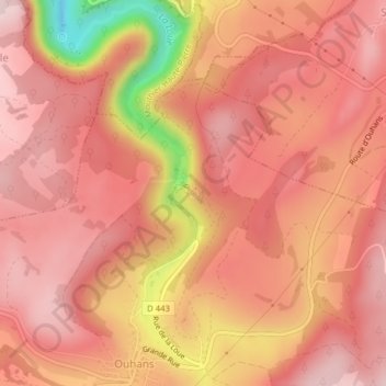 Topografische kaart Source de la Loue, hoogte, reliëf