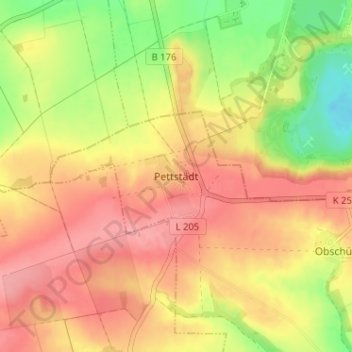 Topografische kaart Pettstädt, hoogte, reliëf
