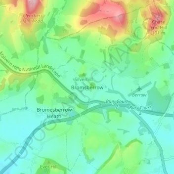 Topografische kaart Bromsberrow, hoogte, reliëf