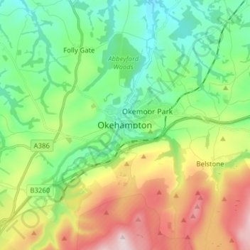 Topografische kaart Okehampton, hoogte, reliëf