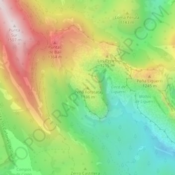 Topografische kaart Peña Foratata, hoogte, reliëf