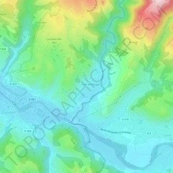 Topografische kaart Flaujac, hoogte, reliëf