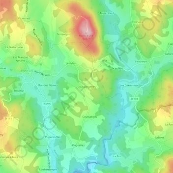 Topografische kaart Coussangettes, hoogte, reliëf