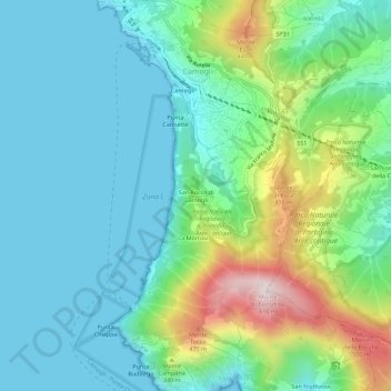 Topografische kaart San Rocco di Camogli, hoogte, reliëf