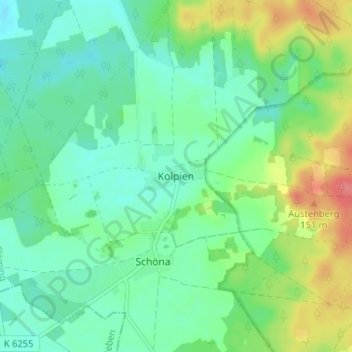 Topografische kaart Kolpien, hoogte, reliëf