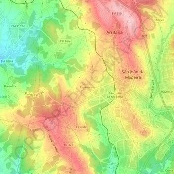 Topografische kaart Fontainhas, hoogte, reliëf