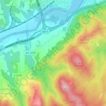 Topografische kaart Riba Roja, hoogte, reliëf