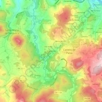 Topografische kaart Regadinhas, hoogte, reliëf