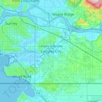 Topografische kaart Langley City, hoogte, reliëf
