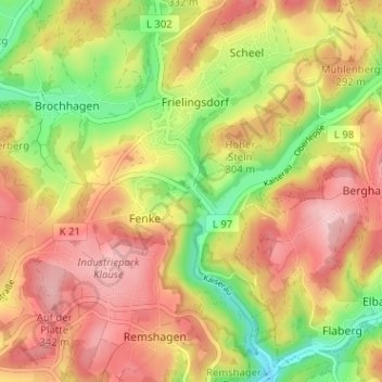 Topografische kaart Kuhlbach, hoogte, reliëf