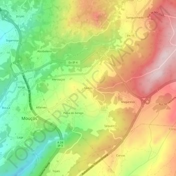 Topografische kaart Alvites, hoogte, reliëf