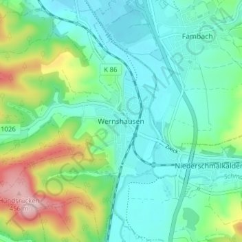 Topografische kaart Wernshausen, hoogte, reliëf
