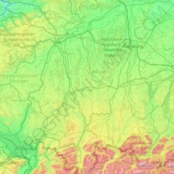 Topografische kaart Unterallgäu, hoogte, reliëf