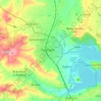 Topografische kaart Oakham, hoogte, reliëf