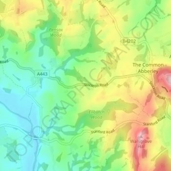 Topografische kaart Elms Green, hoogte, reliëf