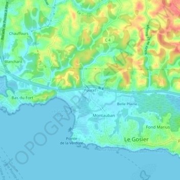 Topografische kaart Poucet, hoogte, reliëf