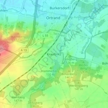 Topografische kaart Kraußnitz, hoogte, reliëf