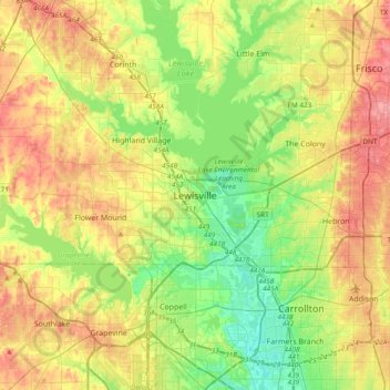 Topografische kaart Lewisville, hoogte, reliëf