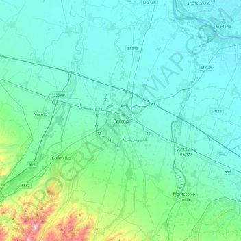Topografische kaart Parma, hoogte, reliëf