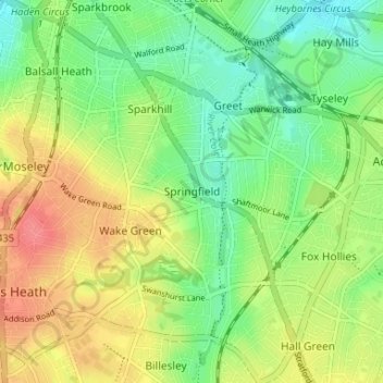 Topografische kaart Springfield, hoogte, reliëf