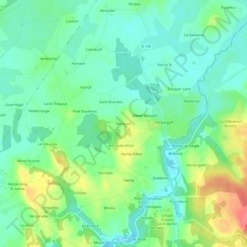 Topografische kaart Keriguen, hoogte, reliëf