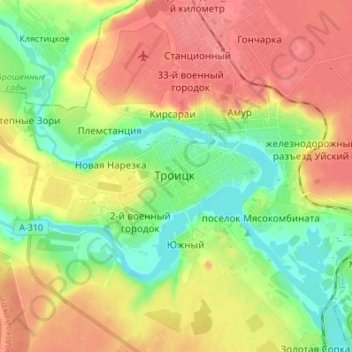Topografische kaart Troitsk, hoogte, reliëf