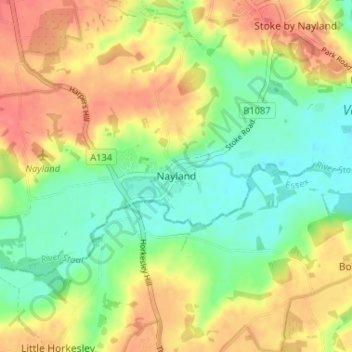 Topografische kaart Nayland, hoogte, reliëf