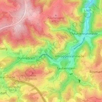 Topografische kaart Grünewiese, hoogte, reliëf